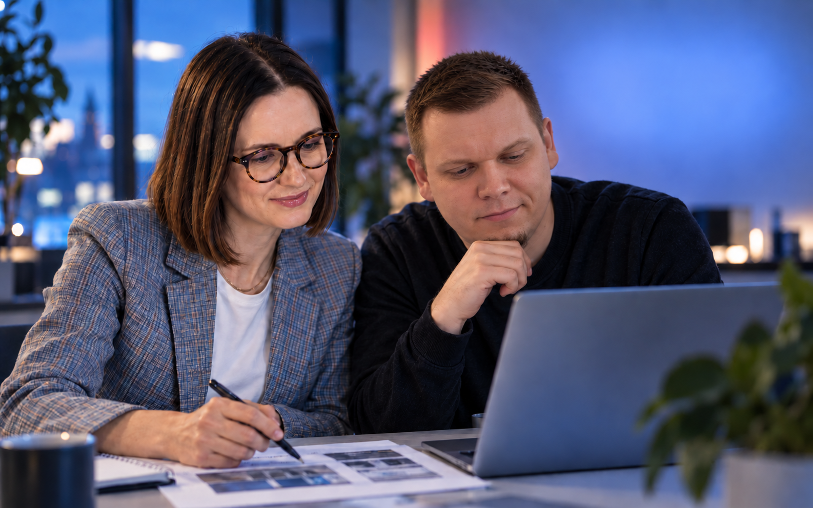 Wizualizacja dwóch osób z uśmiechem pracujących nad wspólnym projektem